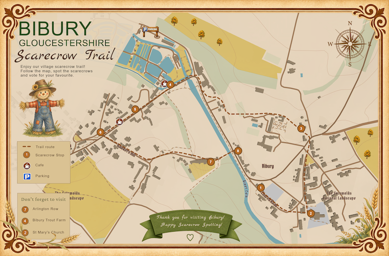 Bibury scarecrow trail map with numbered stops, a walking route, parking, cafés and autumn decorations