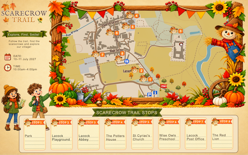 Example scarecrow trail map created with Pathyn showing numbered stops, parking, toilets and autumn decorations