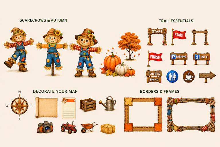Placeholder for a collage of Pathyn scarecrow trail artwork and map markers