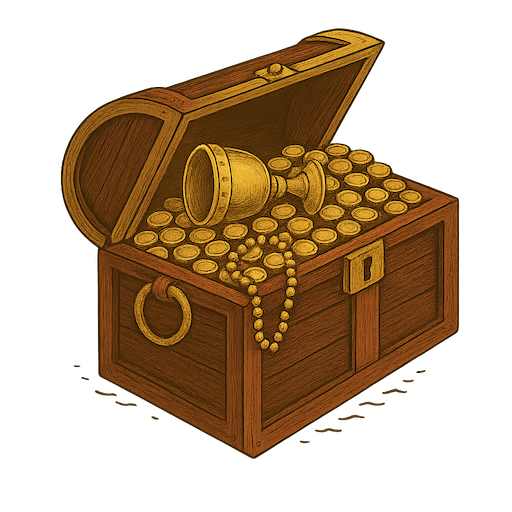Open treasure chest filled with gold and gems for fantasy maps